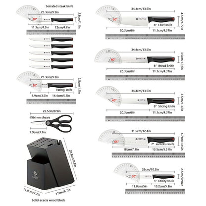 Kitchen Knife Set by ASETY, 15-Piece Stainless Steel Block Set with PP Handles in Two Finish Options