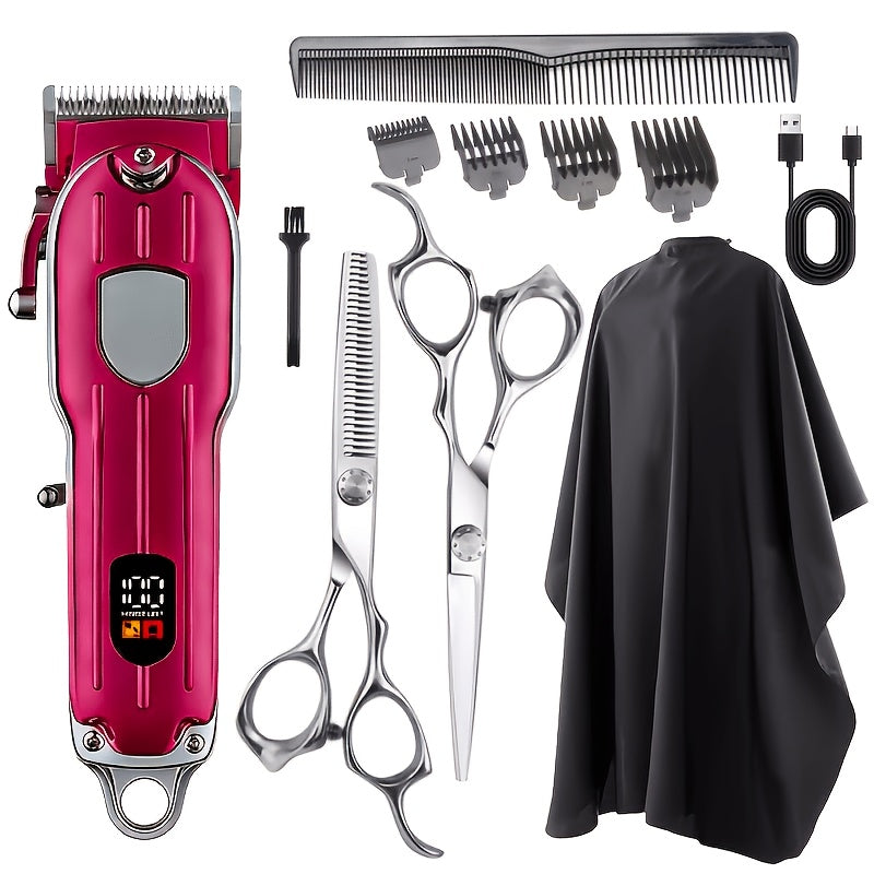 Barber Hair Clipper Kit for Men – USB Rechargeable Digital Size Adjustment, Complete Set with Scissors & 4 Limit Combs