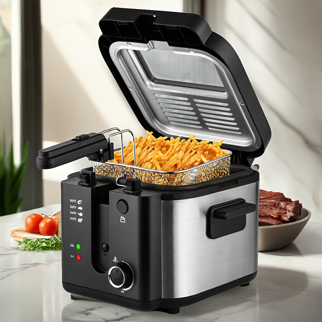 1500W Black Deep Fryer with 1.5L or 2.5L Capacity, Windowed Removable Lid and Temperature Dial