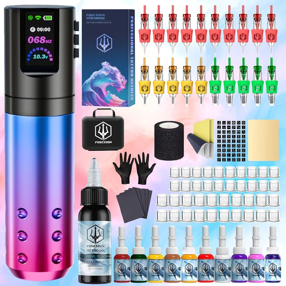 POSEIDON BT02 Tattoo Kit with Wireless Color-Screen Rotary Pen, 20 Cartridges, 11 Inks and Carry Case