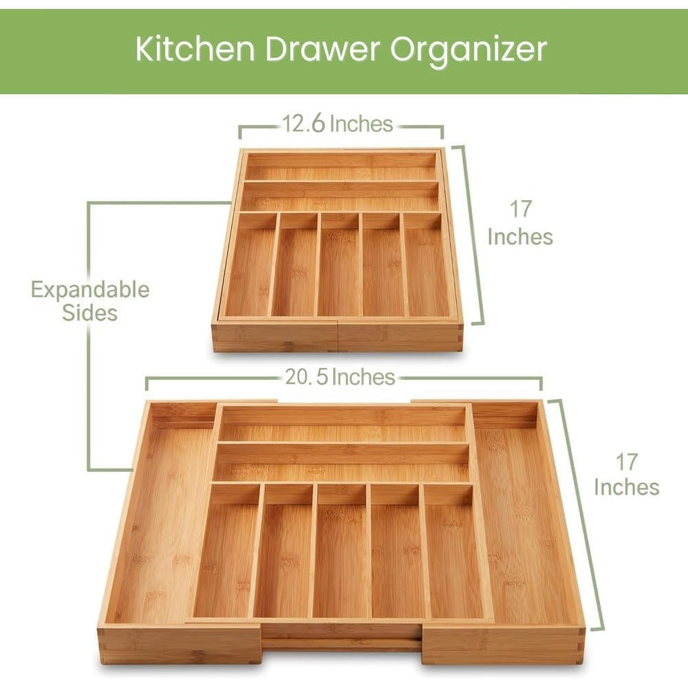 Bamboo Drawer Organizer Expandable Adjustable 9-Compartment Silverware Tray Cutlery Utensil Holder for Kitchen Drawer Office Desk Bedroom