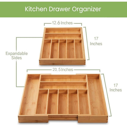 Bamboo Drawer Organizer Expandable Adjustable 9-Compartment Silverware Tray Cutlery Utensil Holder for Kitchen Drawer Office Desk Bedroom