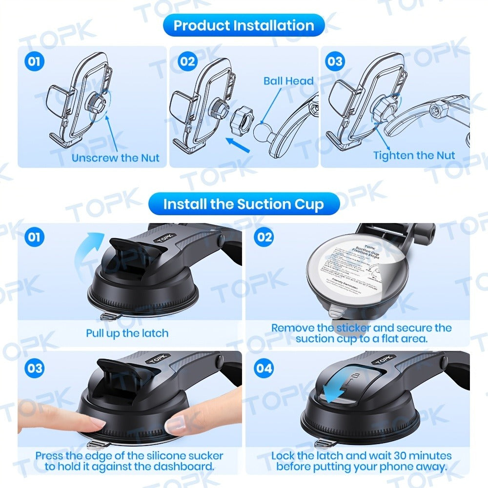 Dashboard Phone Mount with Adhesive Base, Adjustable Multi-Joint Arm and Black Spring-Grip Cradle