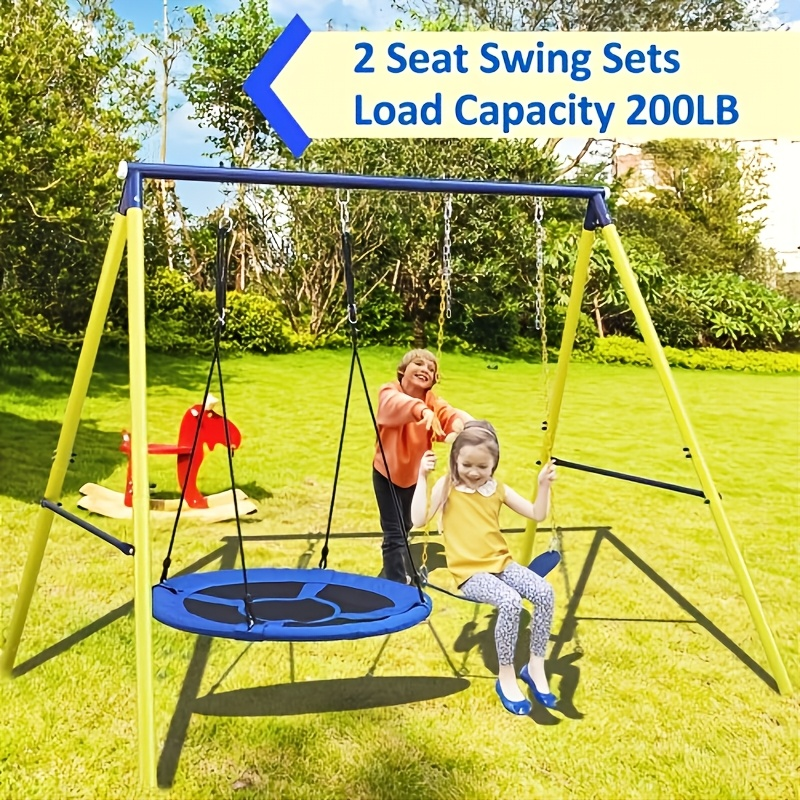 Heavy Duty A-Frame Metal Swing Set for Backyard with 2 Swings Slide Glider Seesaw Disc Seat Outdoor Playset for Kids Toddlers Backyard Play