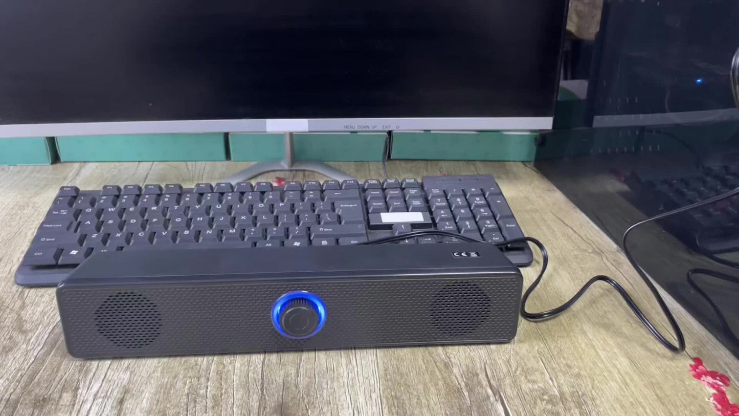 USB Wired Desktop Speaker Bar with 4D Audio Effect & Blue LED - Stereo Sound, 3.5mm AUX Input, Independent Volume Control