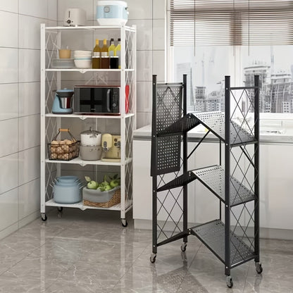 Three-to-Five-Tier Folding Storage Rack with Metal Shelves, Caster Wheels and Black or White Finish