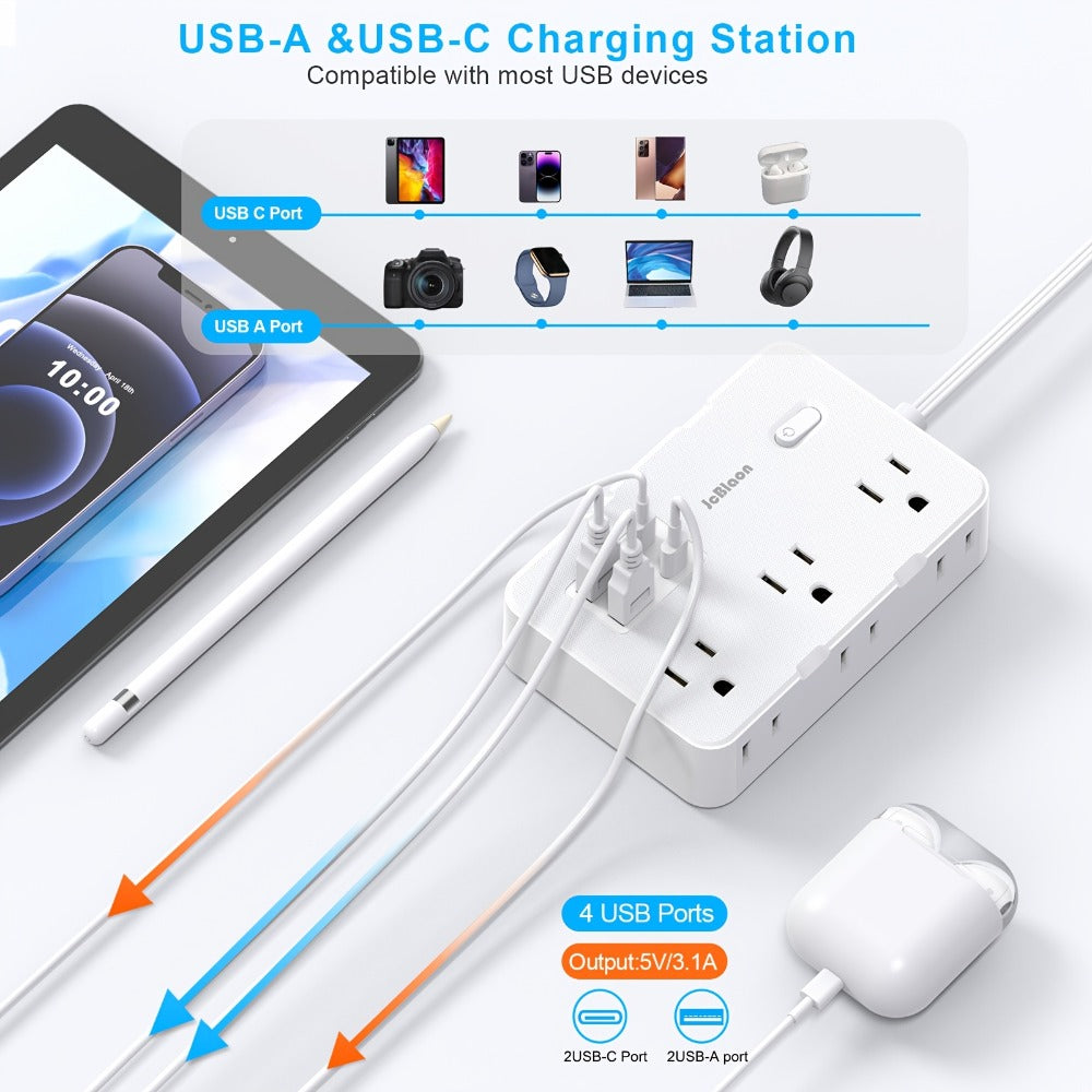 Surge Protector Power Strip 10-in-1 with 6 AC Outlets, 2 USB-A, 2 USB-C, Flat Plug and 5 ft Extension Cord