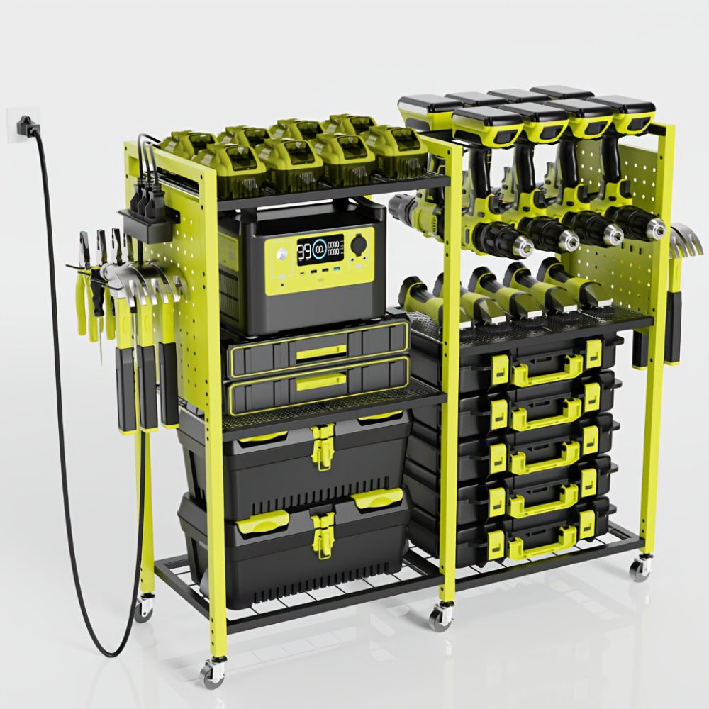 Mobile Tool Cart with Charging Station, 12 Drill Holders & 5 Storage Shelves Power Tool Organizer