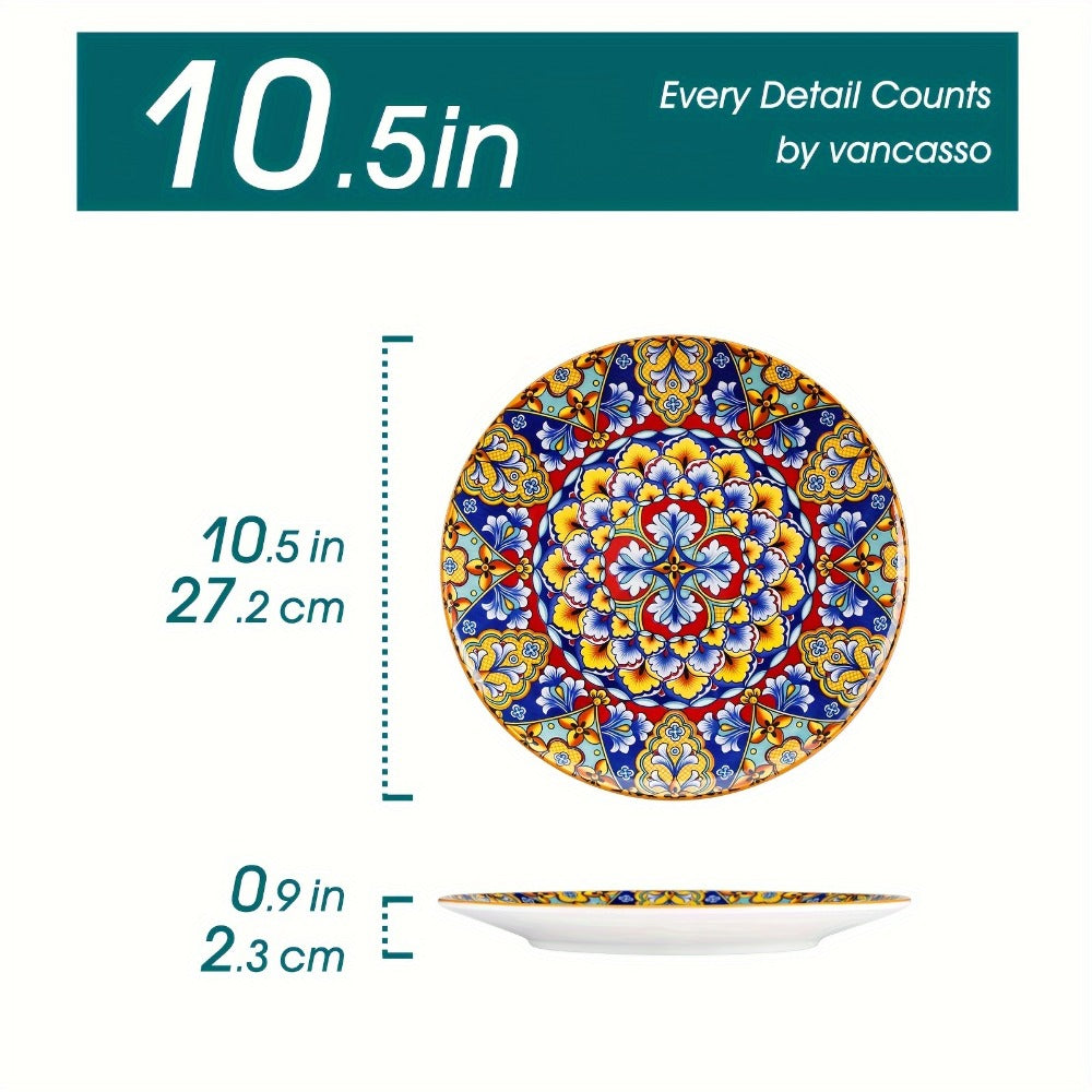 Bohemian Dinner Plates Set of 6 – 10.5 Inch Colorful Stoneware Plate Set Microwave Dishwasher Safe Scratch Resistant Porcelain Dinnerware