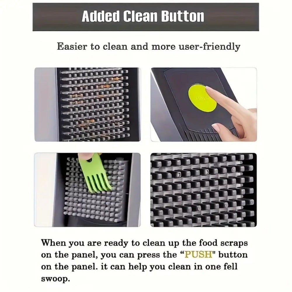 16-in-1 Vegetable Chopper with Clear Container, Eight Blade Inserts, Cleaning Button and Green Accessory Set