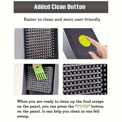 16-in-1 Vegetable Chopper with Clear Container, Eight Blade Inserts, Cleaning Button and Green Accessory Set