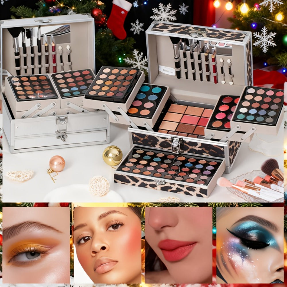 Portable Makeup Case Set with Fold-Out Color Palettes, Brush Collection and Silver or Leopard-Print Case Options