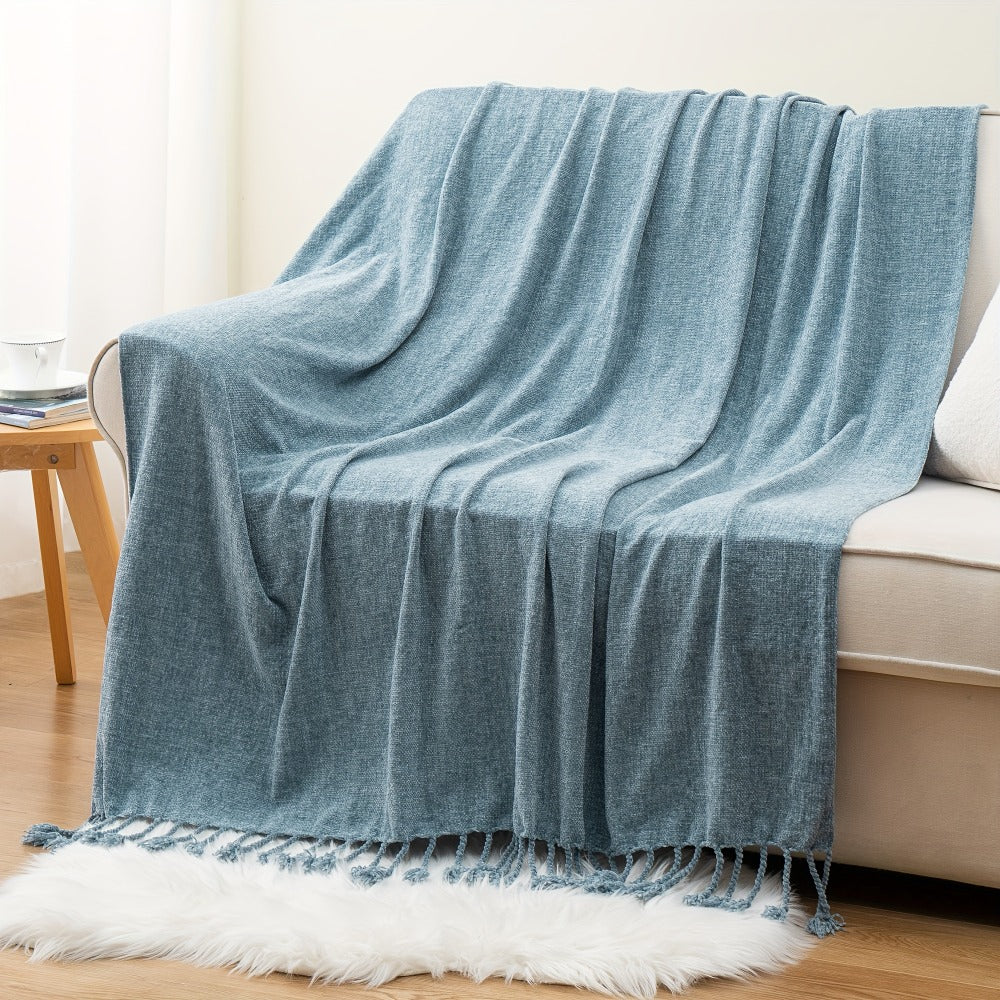 Chenille Fringe Throw Blanket, 180-200gsm Velvety Decorative Throw for Sofa & Couch, Home Decor, 50”×60”