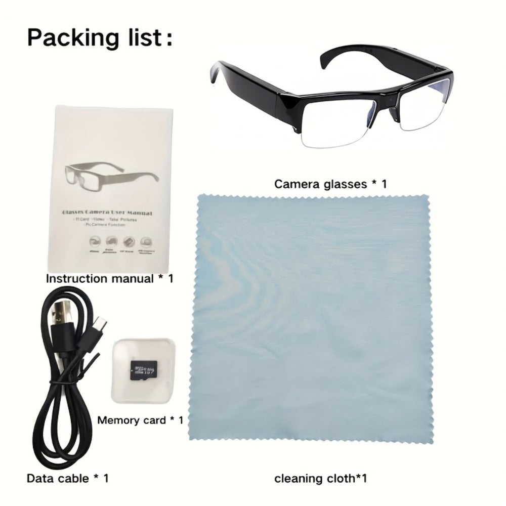 Slim Clear-Lens Camera Glasses in Black with Front Camera and 32GB or 64GB Memory Card Bundles
