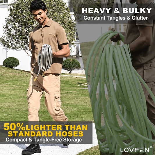 Stainless Steel Metal Garden Hose, Kink-Free, 10-Function Nozzle, Brass Fittings, 10FT to 150FT