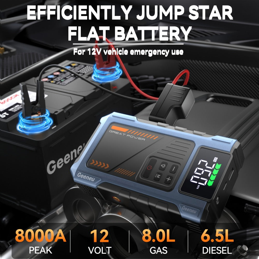 8000A Jump Starter with Air Compressor – 12V Portable Jump Box for Gas & Diesel Cars, USB Ports & LED Flashlight | Up to 8.0L Gas & 6.5L