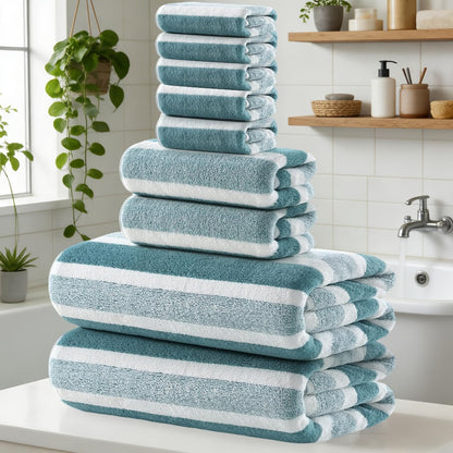 Towel Set 9 or 15 Piece 320GSM Coral Fleece Striped Mix in Five Solid or Mixed Colors for Home and Guest Use