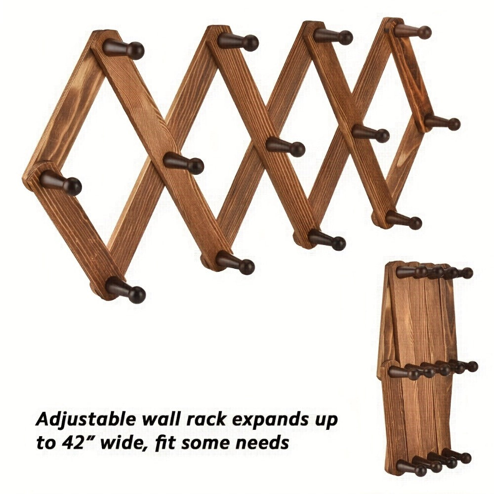 Wall Hat Rack Expandable Wood Accordion Hanger – 13 Hooks for Baseball Caps Coats Scarves Jewelry, Vintage Entryway Hallway Organizer