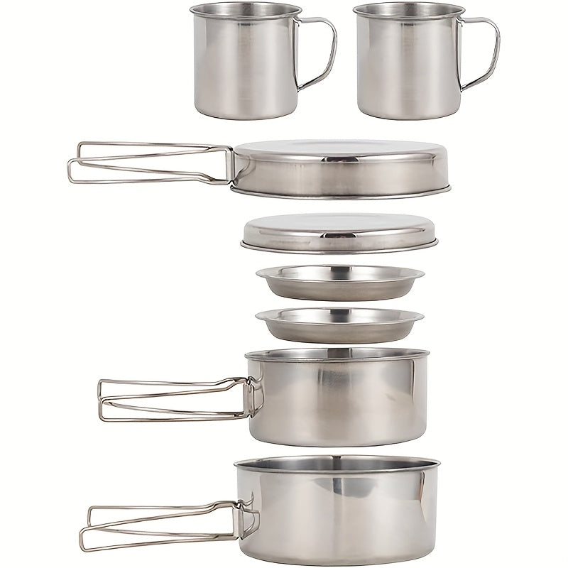 Stainless Steel Camping Cookware Set 8 Piece with Pots Pans Plates Cups and Handles – Lightweight Outdoor Cooking Kit for Camping Hiking