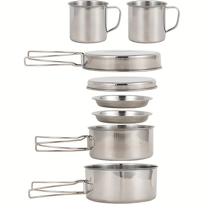 Stainless Steel Camping Cookware Set 8 Piece with Pots Pans Plates Cups and Handles – Lightweight Outdoor Cooking Kit for Camping Hiking