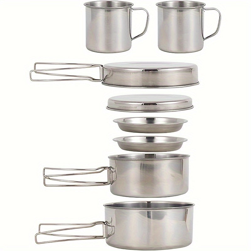 Stainless Steel Camping Cookware Set 8 Piece with Pots Pans Plates Cups and Handles – Lightweight Outdoor Cooking Kit for Camping Hiking