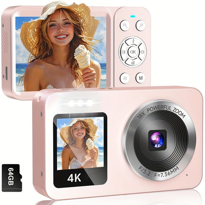 4K Dual Screen Digital Camera 18X Zoom Vlogging Camera with Anti-Shake 64GB Card & 2 Batteries