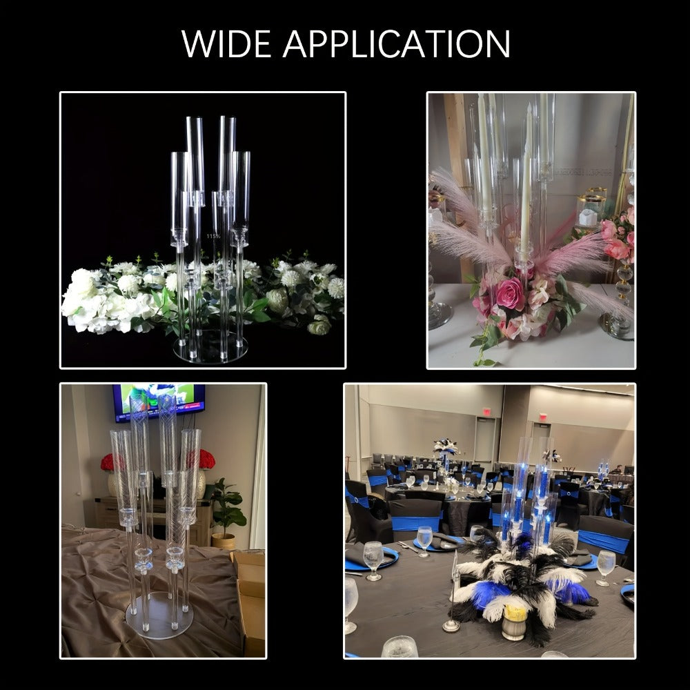 Clear Acrylic Six-Arm Candelabra with 68cm Height, 22cm Round Base and 2-, 4-, 10-, 12- or 20-Piece Options