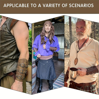Viking Medieval Leather Arm Guards Bracers – PU Leather Knight Gauntlets Adjustable Metal Buckles Rivets for Men Women Halloween Cosplay