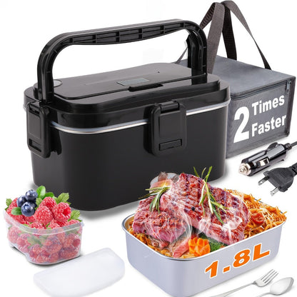 Electric Lunch Box Portable Food Warmer 60oz, 110V Home & 12V/24V Car Heated Meal Container, Stainless Steel