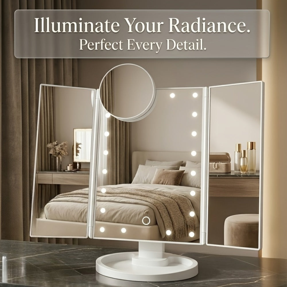 Vanity Mirror with Lights Tri-Fold 21 LED Lighted Makeup Mirror Touch Control 1X 2X 3X 10X Magnification 360 Rotation Dual Power Tabletop