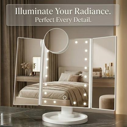 Vanity Mirror with Lights Tri-Fold 21 LED Lighted Makeup Mirror Touch Control 1X 2X 3X 10X Magnification 360 Rotation Dual Power Tabletop