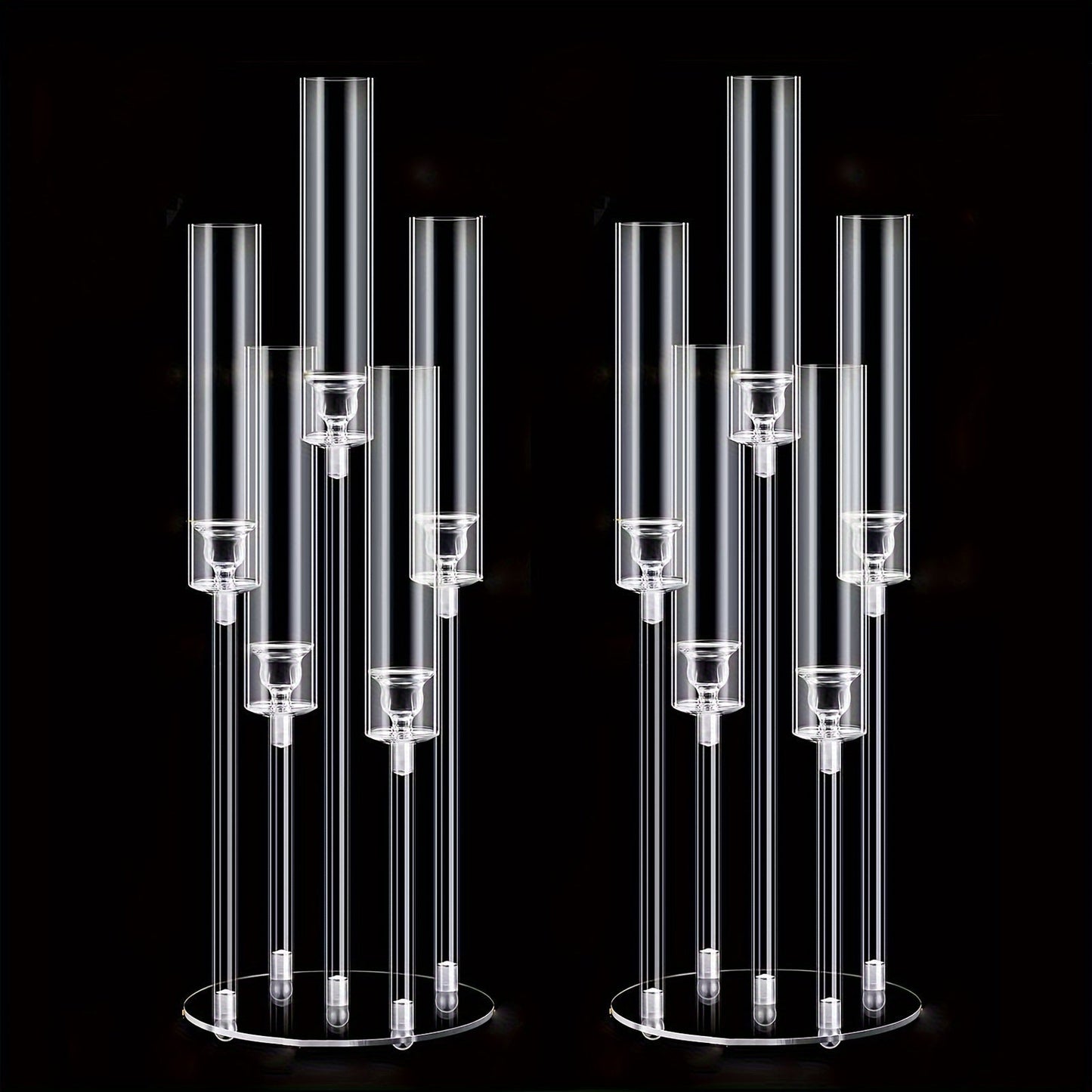 Candle Holder Set of 2 Clear Acrylic Five-Arm Candelabras with Cylindrical Shades for Flameless LED Candles