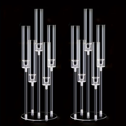 Candle Holder Set of 2 Clear Acrylic Five-Arm Candelabras with Cylindrical Shades for Flameless LED Candles