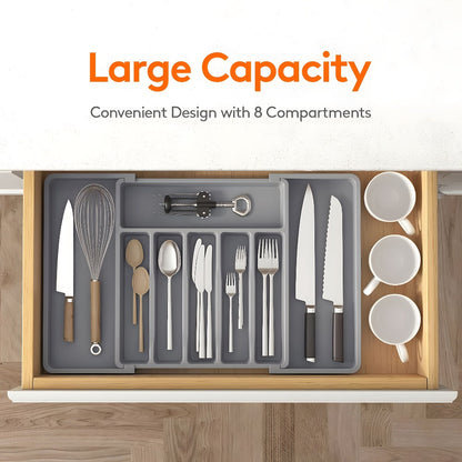 Expandable Eight-Compartment Drawer Organizer for Cutlery with Black, Grey or White Color Options