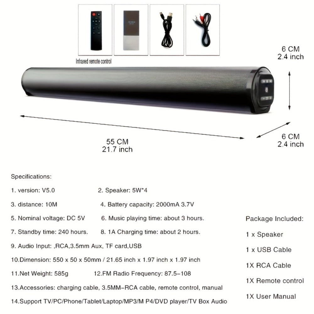 Home Theater Surround Sound System 5.2 Channel, Wireless Subwoofer Dual Air Ducts Bass Boost, TV Soundbar Stick with Remote Control