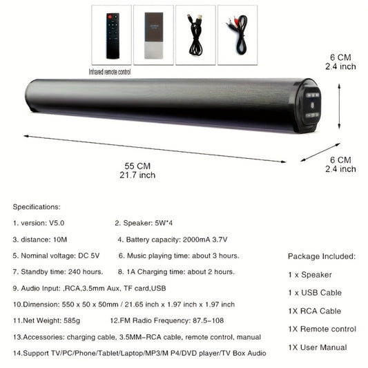 Home Theater Surround Sound System 5.2 Channel, Wireless Subwoofer Dual Air Ducts Bass Boost, TV Soundbar Stick with Remote Control