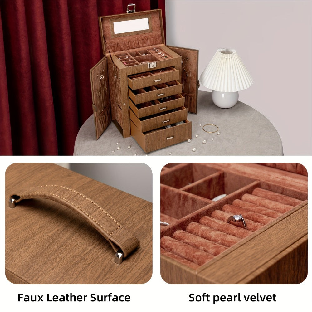 Jewelry Organizer 6-Tier Brown Storage Box with 5 Drawers, Built-In Mirror and Key-Lock Closure