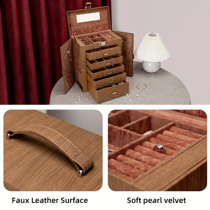 Jewelry Organizer 6-Tier Brown Storage Box with 5 Drawers, Built-In Mirror and Key-Lock Closure