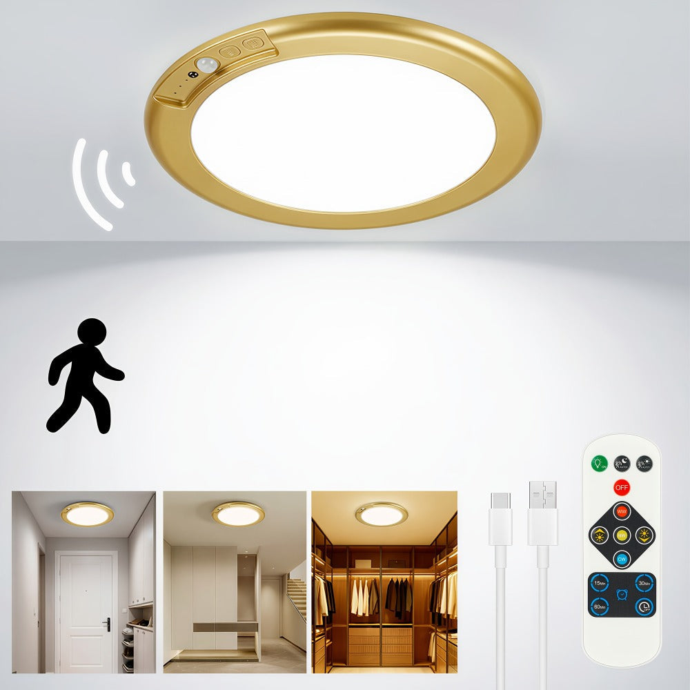 Rechargeable LED Ceiling Light with Motion Sensor, Remote Control Dimmable, 3 Color Temps 3000K/4500K/6500K