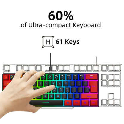 Red-and-Black 61-Key Compact Wired Keyboard with Detachable Cable and Multicolor-Lit Keycaps
