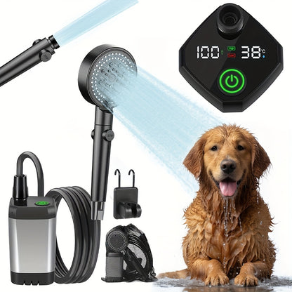 Portable Pet Shower Head with Temperature Display – 6000mAh Rechargeable Battery, 6 Spray Modes & 120-Min Runtime | Cordless Dog Bathing