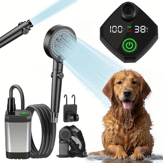 Portable Pet Shower Head with Temperature Display – 6000mAh Rechargeable Battery, 6 Spray Modes & 120-Min Runtime | Cordless Dog Bathing
