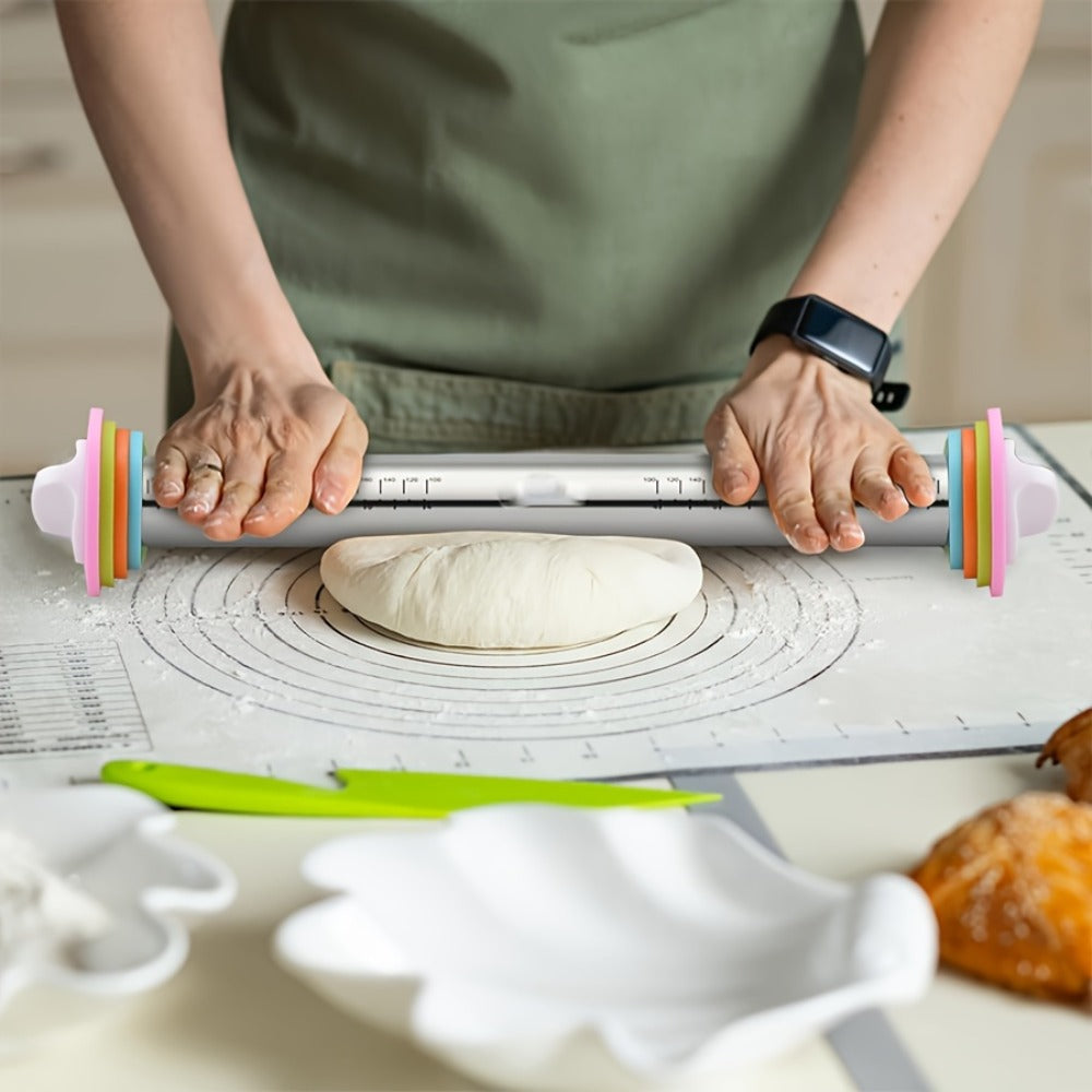 Stainless Steel Rolling Pin with Adjustable Thickness Rings Dough Roller for Baking Pizza Cookies Pastry 430 Grade Non-Stick Heavy Duty