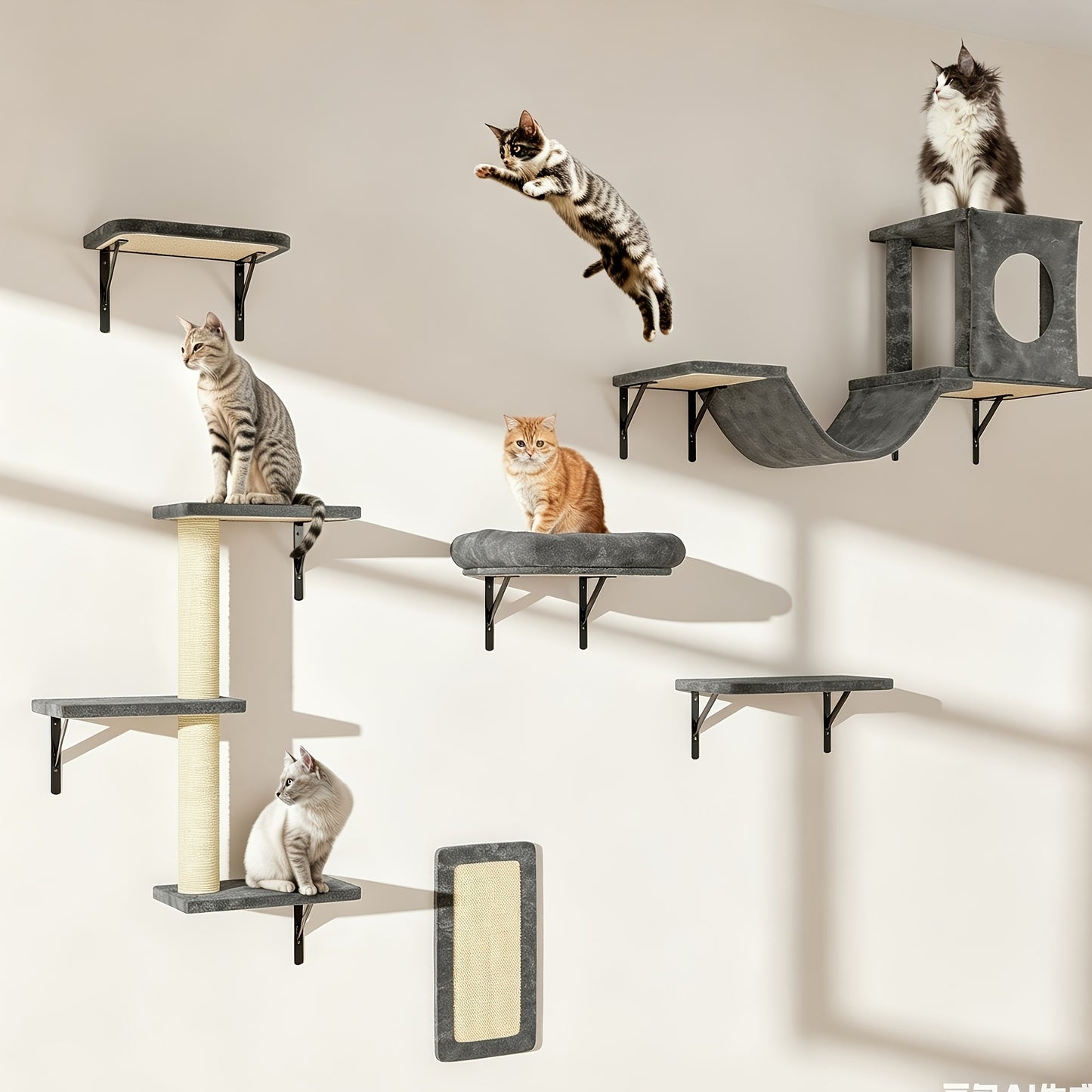 Cat Wall Shelf Climbing Set – 7-Piece Deluxe Wall Mounted Cat Furniture with Condo, Scratching Post, Bridge