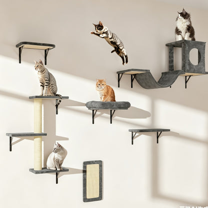 Cat Wall Shelf Climbing Set – 7-Piece Deluxe Wall Mounted Cat Furniture with Condo, Scratching Post, Bridge