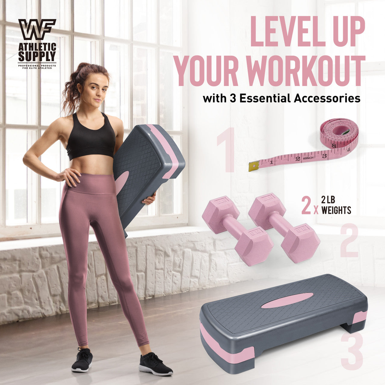 Aerobic Stepper Set with 2 Dumbbells & Measuring Tape – Adjustable Height 4"/6" Exercise Step Platform Non-Slip Workout Stepper for Home