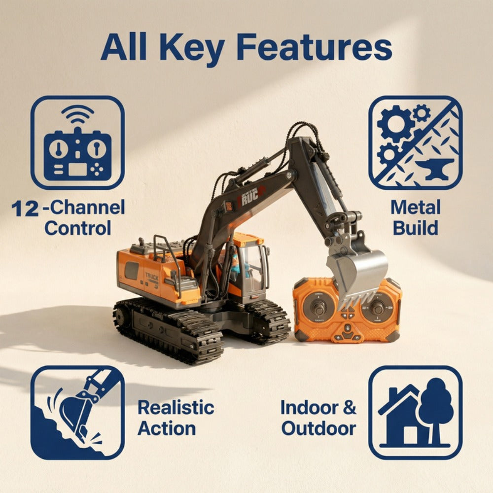 RC Excavator Toy 1:24 Scale 2.4GHz 9-Channel Remote Control with Alloy Metal Cap Lights & Sound Rechargeable Battery