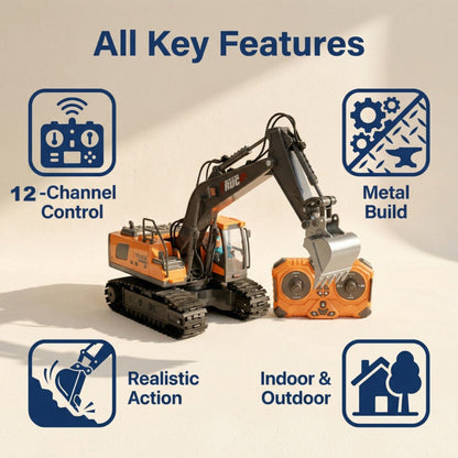 RC Excavator Toy 1:24 Scale 2.4GHz 9-Channel Remote Control with Alloy Metal Cap Lights & Sound Rechargeable Battery