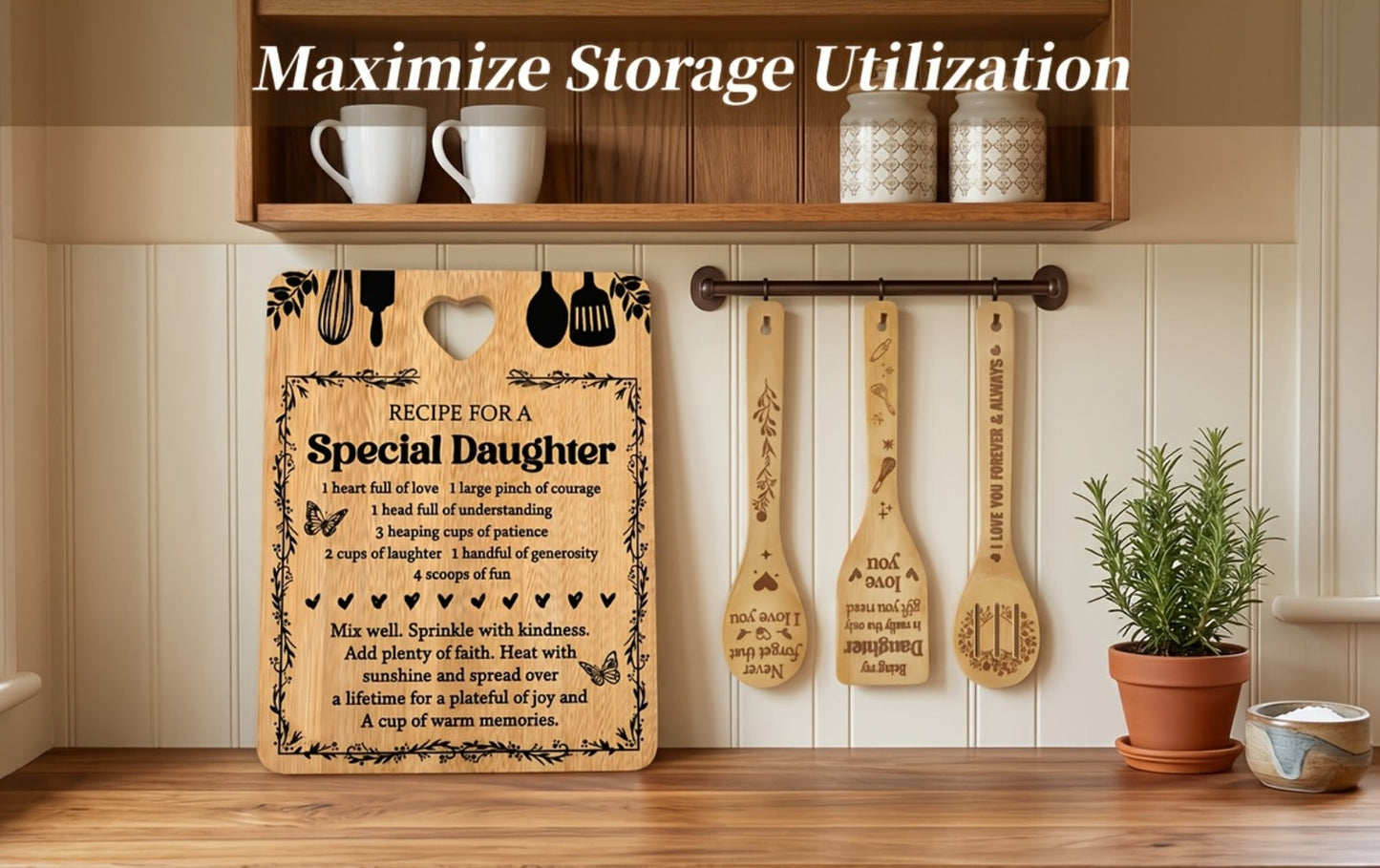 Engraved Bamboo Cutting Board Gift Set for Daughter, Recipe for a Special Daughter Kitchen Utensil Set