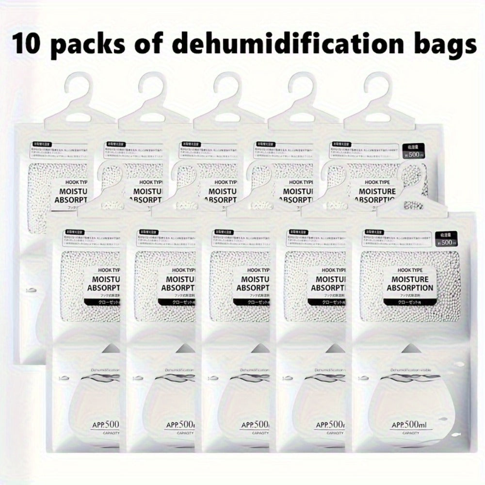Hanging Moisture Absorber Bags 10-Pack, Dehumidifier Bags for Closet Wardrobe Bedroom Bathroom